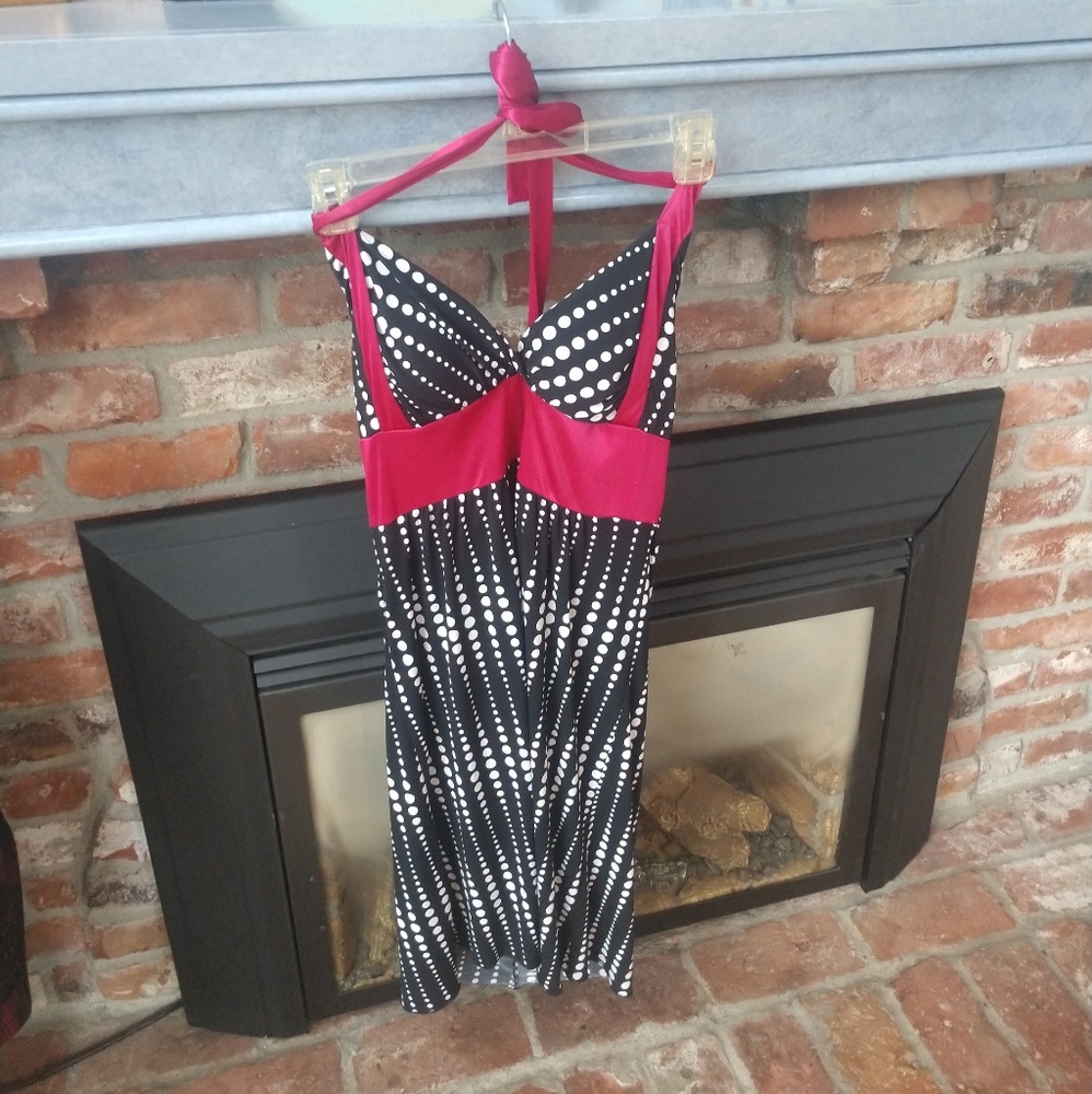 Magenta and black polka mini dress